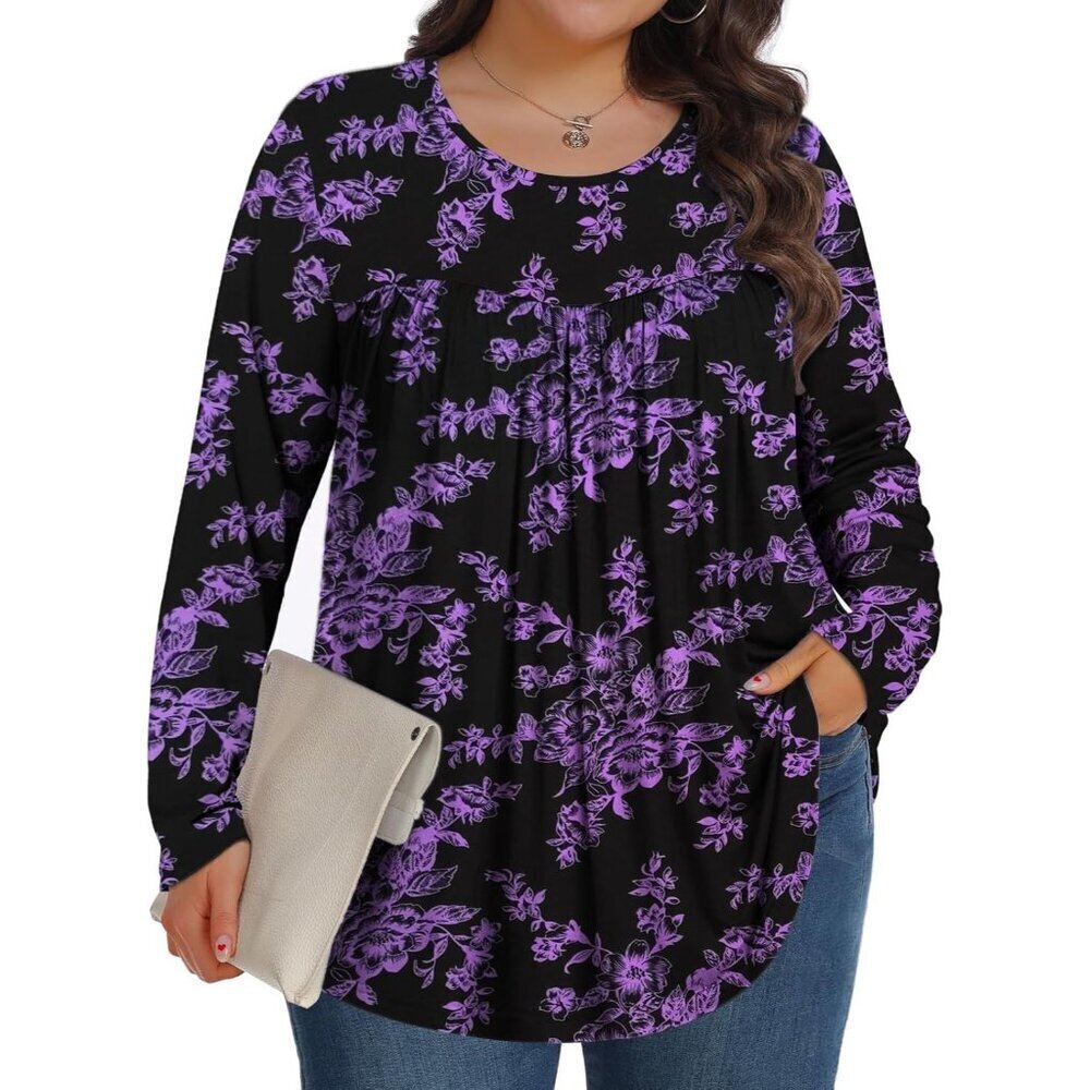 Plus Size Long Sleeve fall Tops Women Crew Neck Loose Tunic Blouse 1X-5X